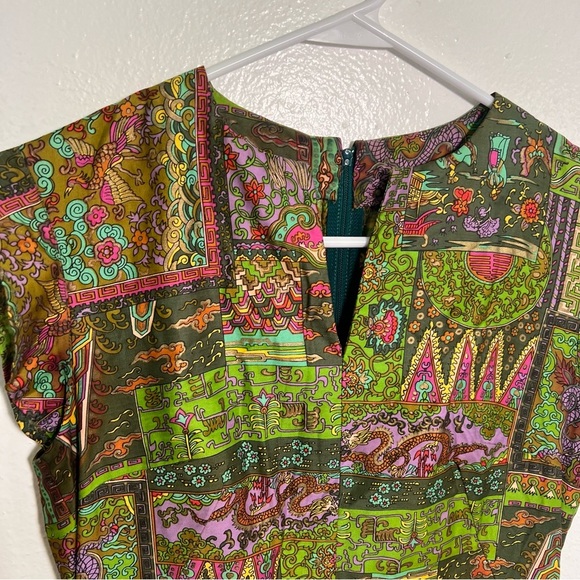 Handmade Midi Dress Green Geometric Dragon - Picture 5 of 9